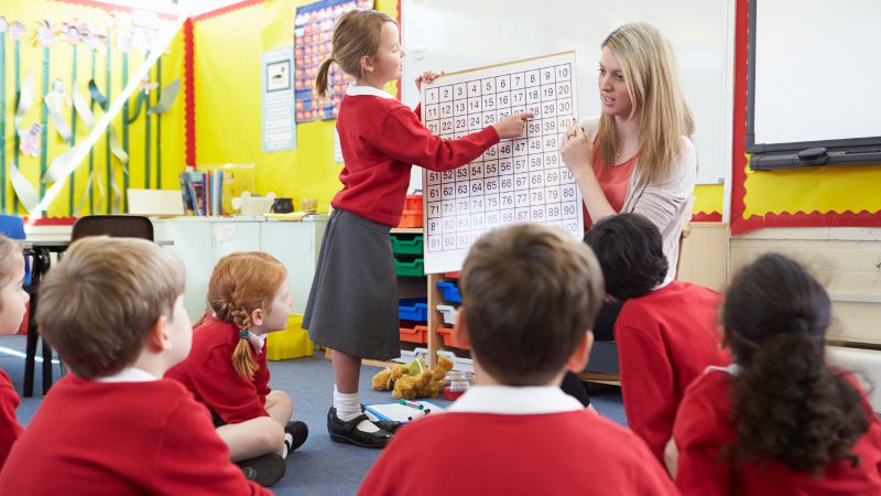 Teacher aide shown helping young students learn using a number table as a prop.
