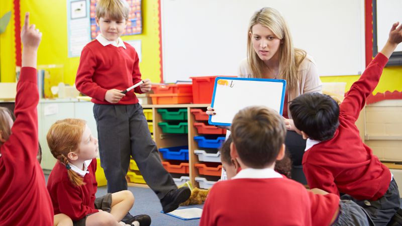 Teacher aide holding a small whiteboard during a class presentation.